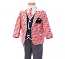 赤/ピンク縞の赤ちゃん服(タキシード)セット(赤/ピンク系)|男の子(0〜3歳)
