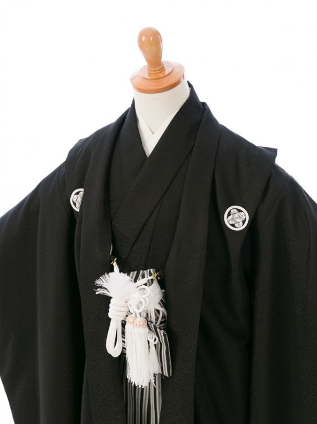 七五三 ミニ5歳黒紋付太閤縞袴 (黒系)|男の子 100cm〜110cm【K5-034】