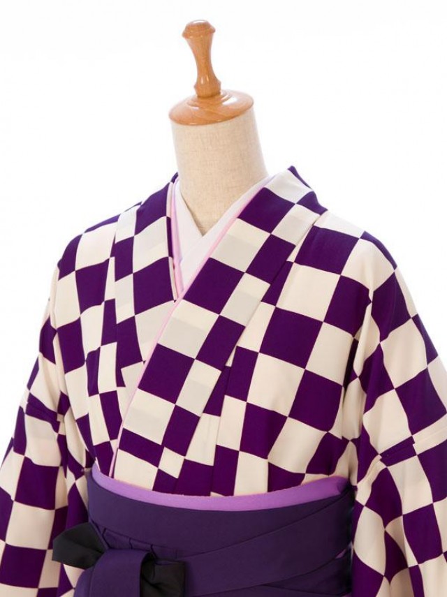 レトロ|市松柄の卒業式袴フルセット(白/紫系)|卒業袴(普通サイズ)3枚目