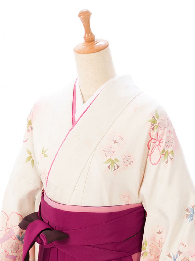 白地|リボンに桜柄の卒業式袴フルセット(白系)|卒業袴(普通サイズ)