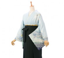 訪問着に袴のセット|158～163cm|正絹|卒業式袴フルセット(ブルー系)|卒業袴(普通サイズ)