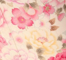 白地にピンクぼかし　八重桜柄の振袖フルセット(白　ピンク系)|普通サイズ【1月】