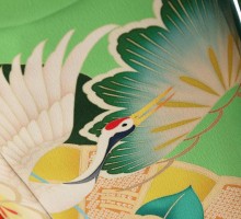 【玉城ティナ】絵羽仕立て　椿と鶴柄の振袖フルセット(緑系)|普通サイズ【1月】