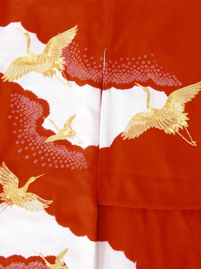 疋田絞り調　金刺繍の鶴柄のお宮参り着物フルセット(赤系)|女の子