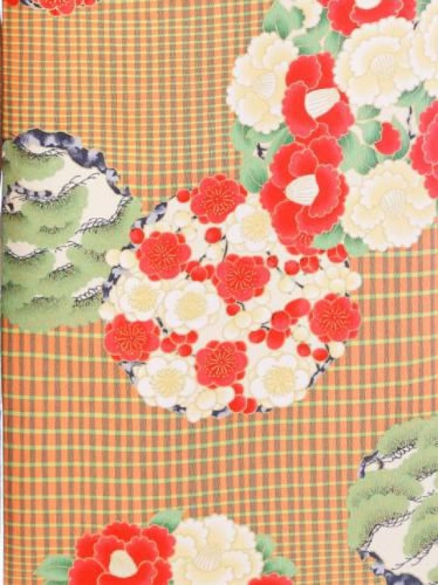 市松に花紋柄の振袖フルセット(オレンジ　緑系)|普通サイズ【1月】