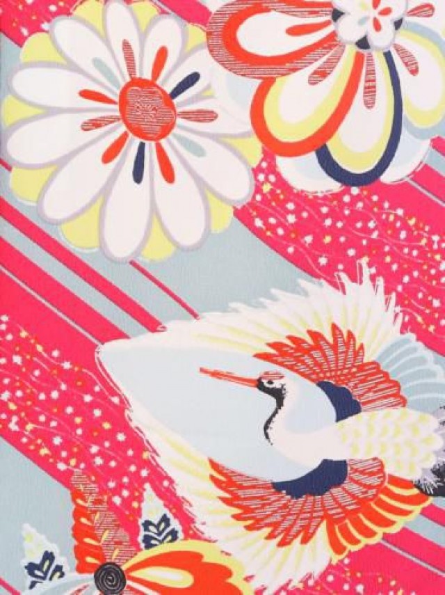 【モダンアンテナ】斜線に鶴柄の振袖フルセット(ピンク　青系)|普通サイズ【1月】