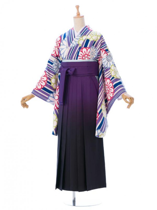 和色の縞に華紋柄の卒業式袴フルセット(紫系)|卒業袴(普通サイズ)