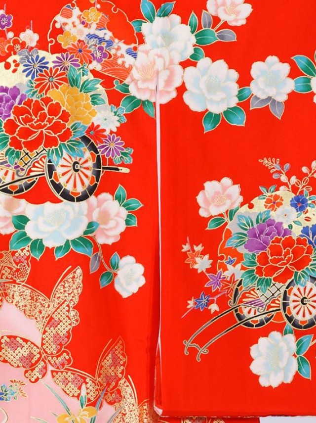 蝶　花車柄のお宮参り着物フルセット(赤　ピンク系)|女の子
