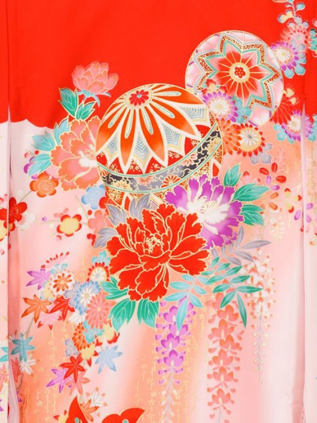 四季の花　蝶　まり　牡丹柄のお宮参り着物フルセット(赤　ピンク系)|女の子