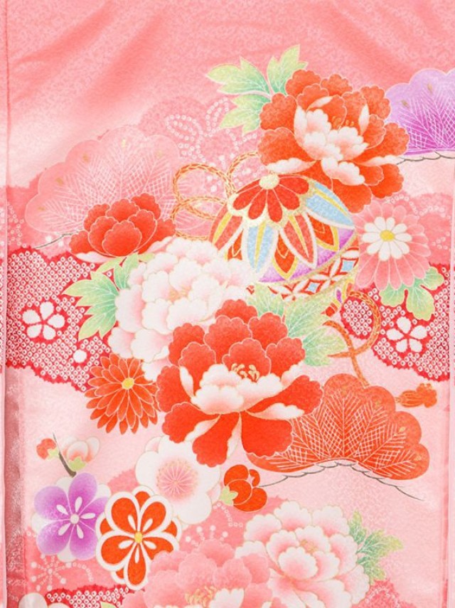 牡丹　まり　笹柄のお宮参り着物フルセット(ピンク系)|女の子