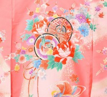 鼓　御所車　扇面に彩花柄のお宮参り着物フルセット(ピンク系)|女の子