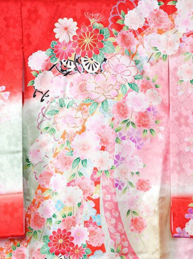 熨斗目に枝垂れ桜　金駒刺繍柄のお宮参り着物フルセット(赤　ピンク系)|女の子
