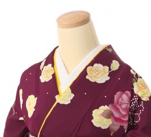 ピンクと黄色のバラ柄の卒業式袴フルセット(紫系)|卒業袴(普通サイズ)