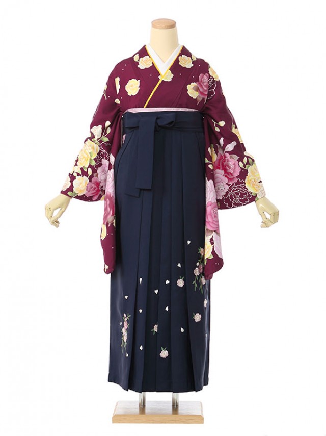 ピンクと黄色のバラ柄の卒業式袴フルセット(紫系)|卒業袴(普通サイズ)