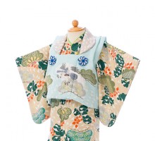 菊に松柄の赤ちゃん着物(被布)フルセット(水色/ベージュ系)|男の子0〜2歳
