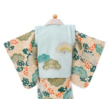 菊に松柄の赤ちゃん着物(被布)フルセット(水色/ベージュ系)|男の子0〜2歳