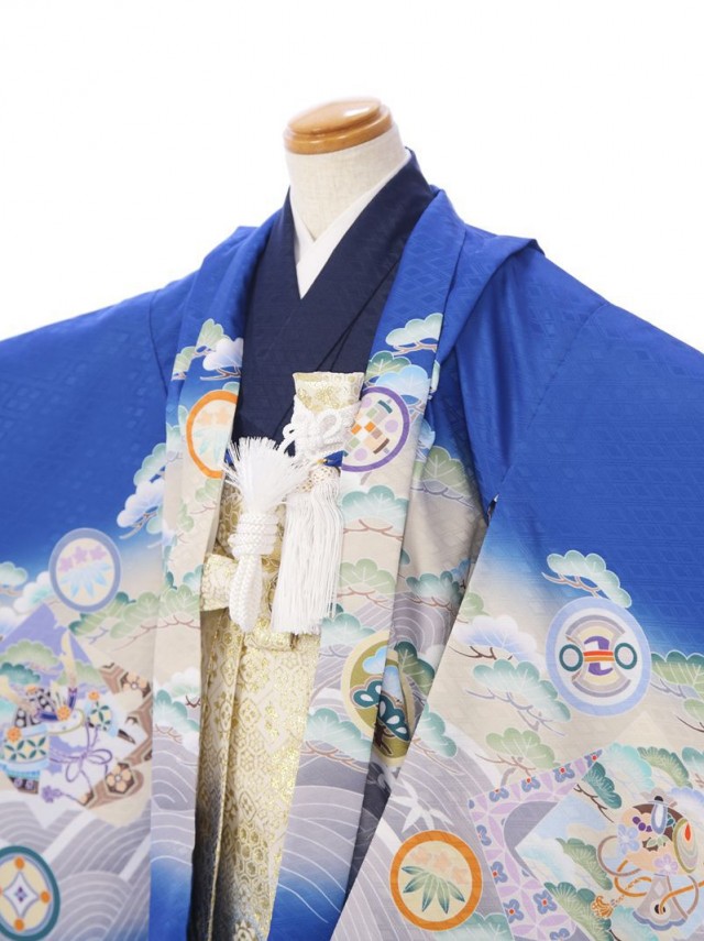 七五三レンタル　5歳　男の子きれいなロイヤルブルーに美しい金襴の袴姿 E-5-840