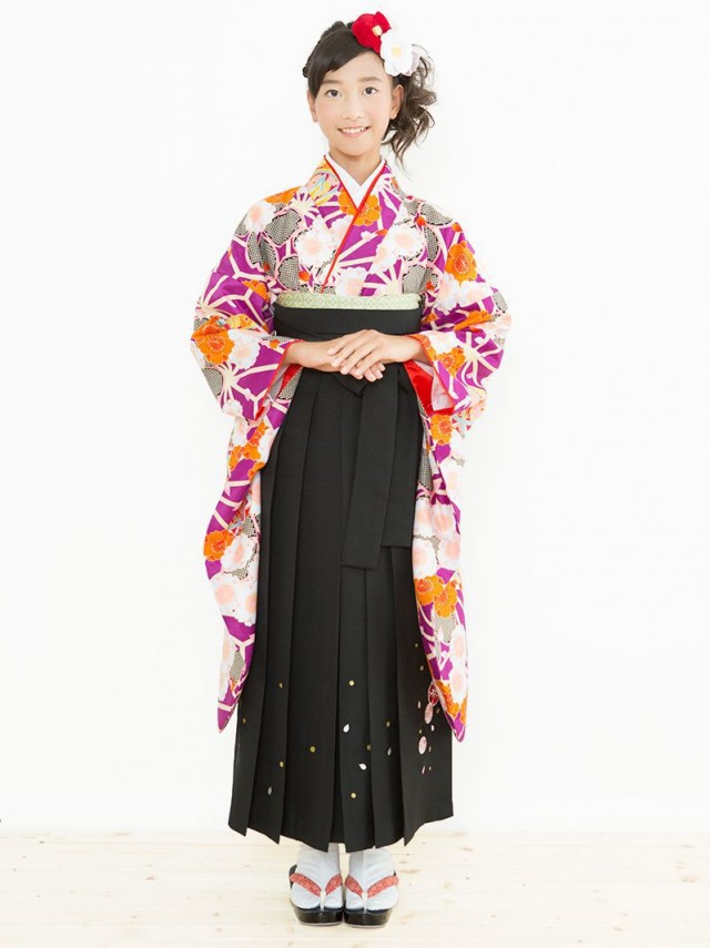袴　紫麻の葉に桜柄の卒業式袴フルセット(紫系)|女の子(小学生袴)