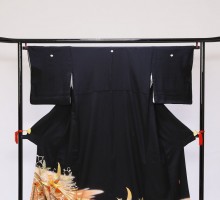 Mサイズ　茶ぼかし唐草舞子金鶏短冊柄の黒留袖フルセット(黒)|黒留袖