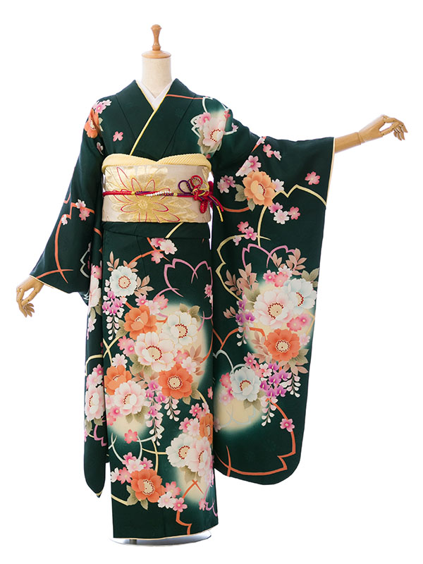 振袖|緑系|桜 |6S494|対応身長:160-172cm|ｻｲｽﾞ:7号-13号｜全国宅配可の