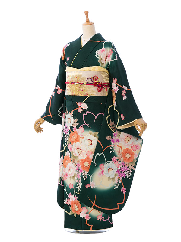 振袖|緑系|桜 |6S494|対応身長:160-172cm|ｻｲｽﾞ:7号-13号｜全国宅配可の