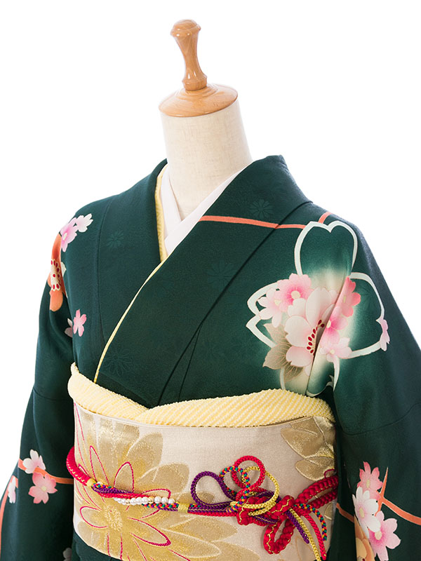 振袖|緑系|桜 |6S494|対応身長:160-172cm|ｻｲｽﾞ:7号-13号｜全国宅配可の