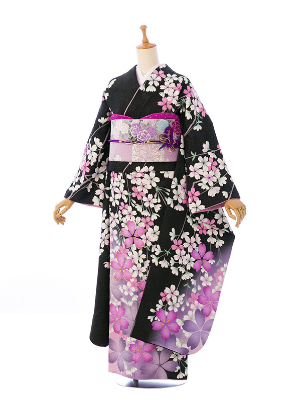 振袖|黒系|桜 |5S353|対応身長:158-168cm|ｻｲｽﾞ:7号-13号｜全国宅配可の