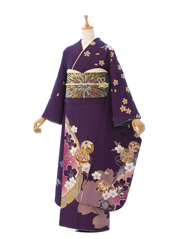振袖|紫系|鞠に桜|4S391|対応身長:150-160cm|ｻｲｽﾞ:7号-13号｜全国宅配