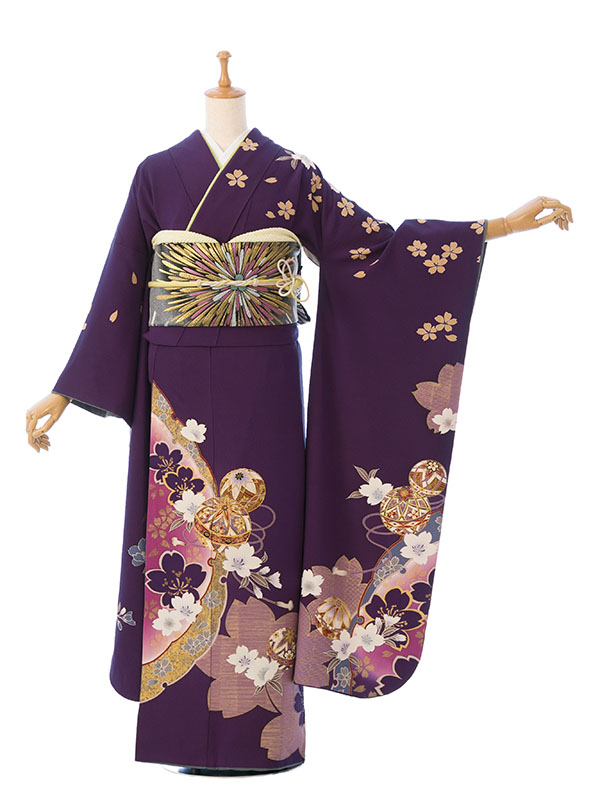 振袖|紫系|鞠に桜|4S391|対応身長:150-160cm|ｻｲｽﾞ:7号-13号｜全国宅配