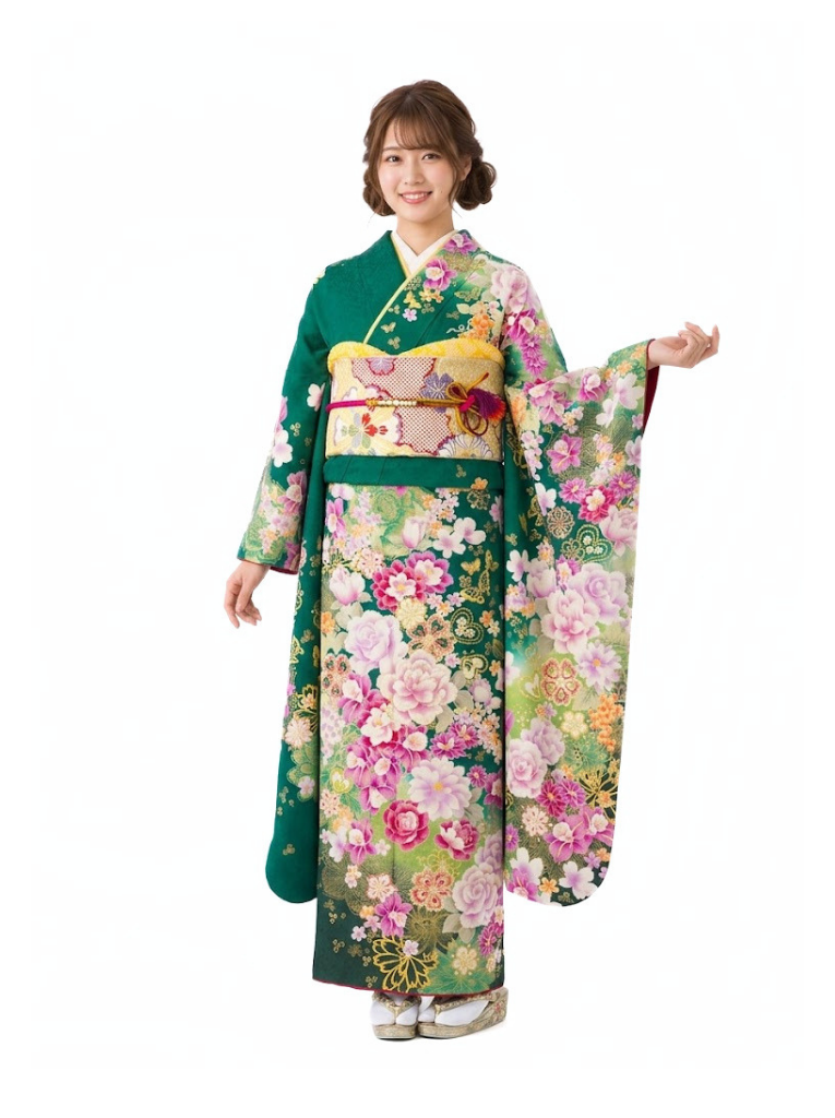 振袖 緑 花柄 帯付き 振袖 緑 ピンク 花柄 古典 - 