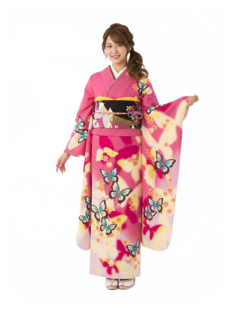 【美品】ピンク地に花や蝶の柄•振袖•Ｌサイズ 濃いピンク地 バラに蝶柄振袖