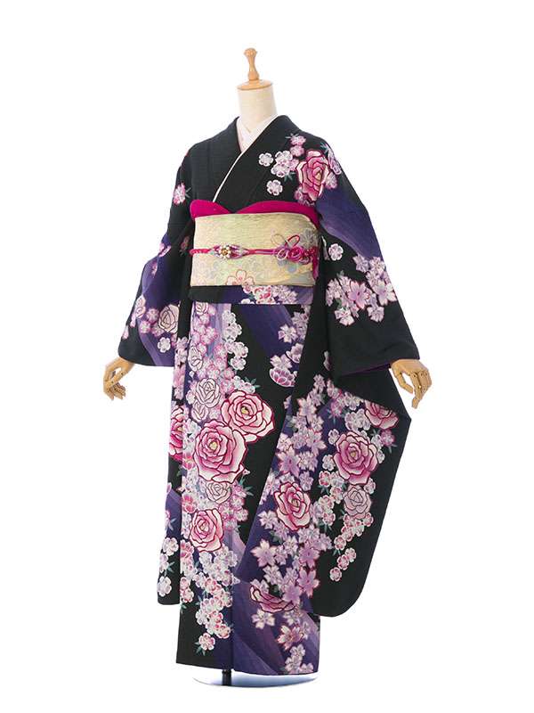 振袖|黒系|桜|6S746|対応身長:160-170cm|ｻｲｽﾞ:7号-13号｜全国宅配可の