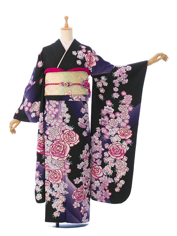 振袖|黒系|桜|6S746|対応身長:160-170cm|ｻｲｽﾞ:7号-13号｜全国宅配可の