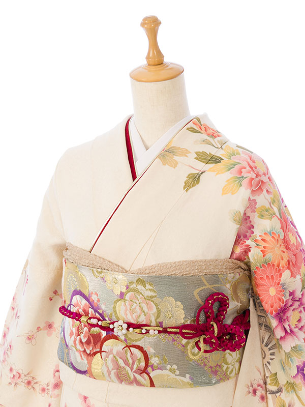 振袖|白系|花車|5S366|対応身長:148-160cm|ｻｲｽﾞ:7号-13号｜全国宅配可