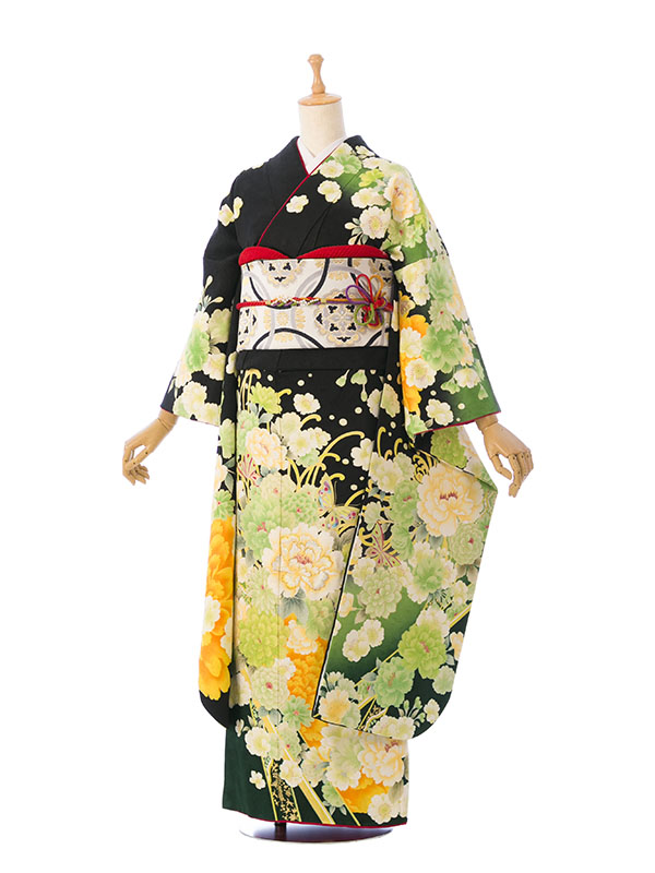 振袖|黒系|牡丹|7S712|対応身長:143-155cm|ｻｲｽﾞ:7号-13号｜全国
