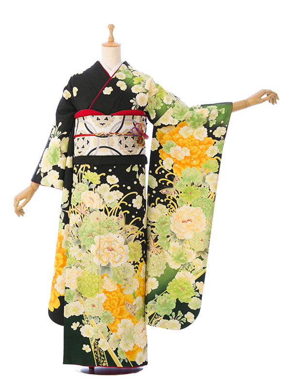驚きの安さ 振袖|黒系|牡丹|7S712|対応身長:143-155cm|ｻｲｽﾞ:7号-13号｜全国 着物・浴衣