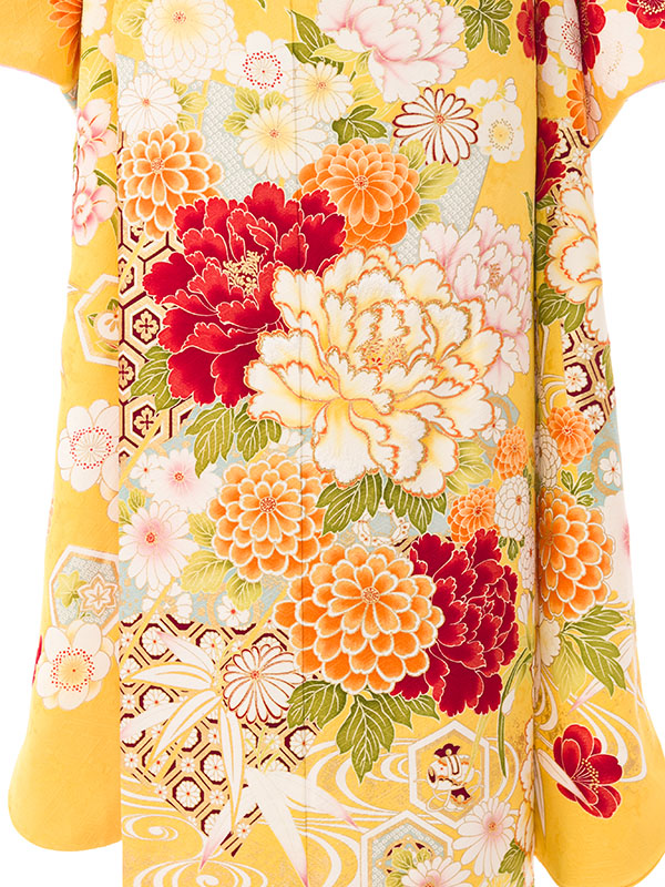 美品 振袖 vivi 黄色 イエロー 花文 ダイヤ トールサイズ 身丈