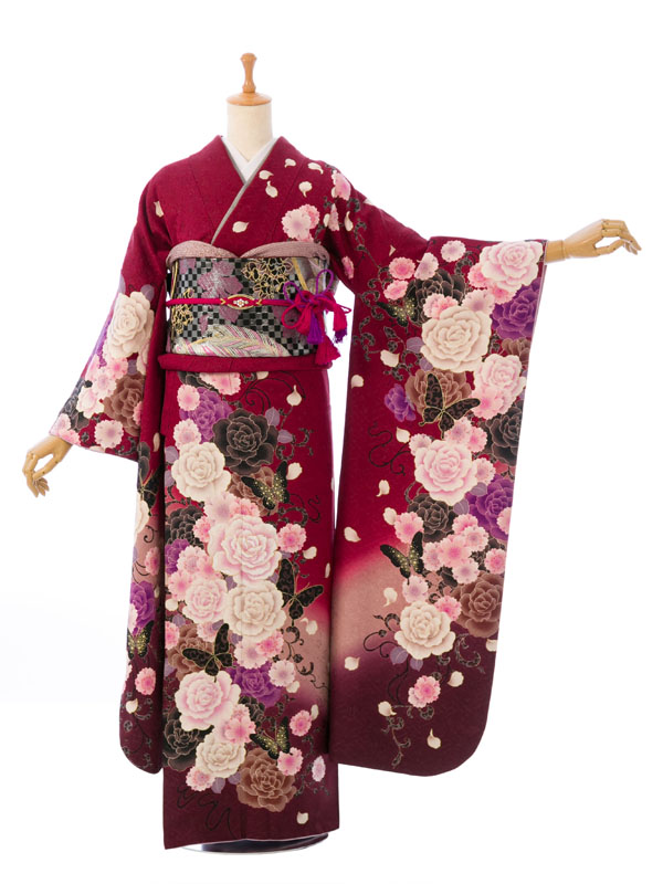 NEXT  ⭐️シンプルで大人可愛い♡ 振袖フルセット　赤黒系　成人式　正絹 NEXT 様専用 ⭐️シンプルで大人可愛い♡ 振袖フルセット 赤黒系