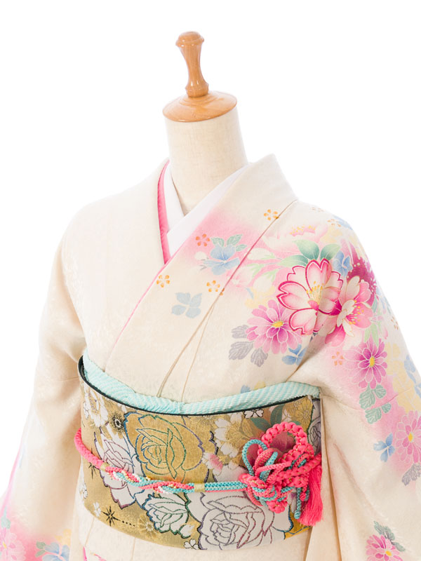 振袖|白系|桜 牡丹 |5S894|対応身長:163-170cm|ｻｲｽﾞ:7号-13号