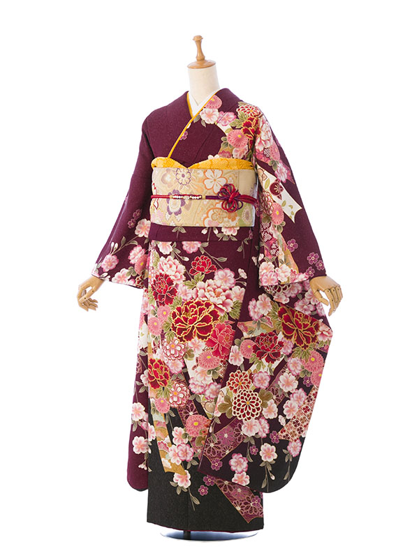 【着物フィ】1円　振袖　紫　白　吉祥花　トールサイズ　身丈165cm　正絹　豪華　成人式　結婚式　袷　仕立て上がり　3968 振袖|紫系 |1S2224|対応身長:155-165cm|ｻｲｽﾞ:7号-13号｜全国宅配可の