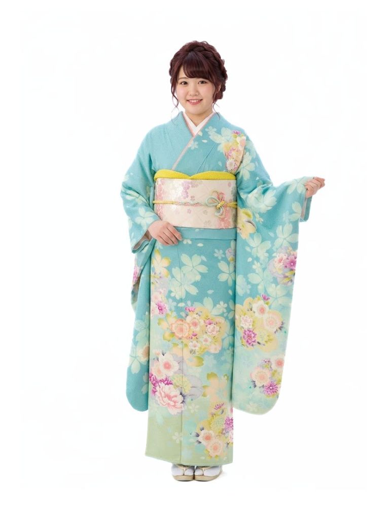 振袖|水色系|桜 牡丹 |5S478|対応身長:150-160cm|ｻｲｽﾞ:13号-17号｜全国