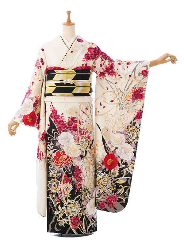 LLサイズ　170cm　白　薔薇　振袖　洗える着物　ポリエステル　u073 LLサイズ170cm白薔薇振袖洗える着物ポリエステルu073