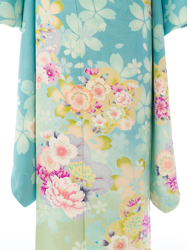 振袖|水色系|桜 牡丹 |5S478|対応身長:150-160cm|ｻｲｽﾞ:13号-17号