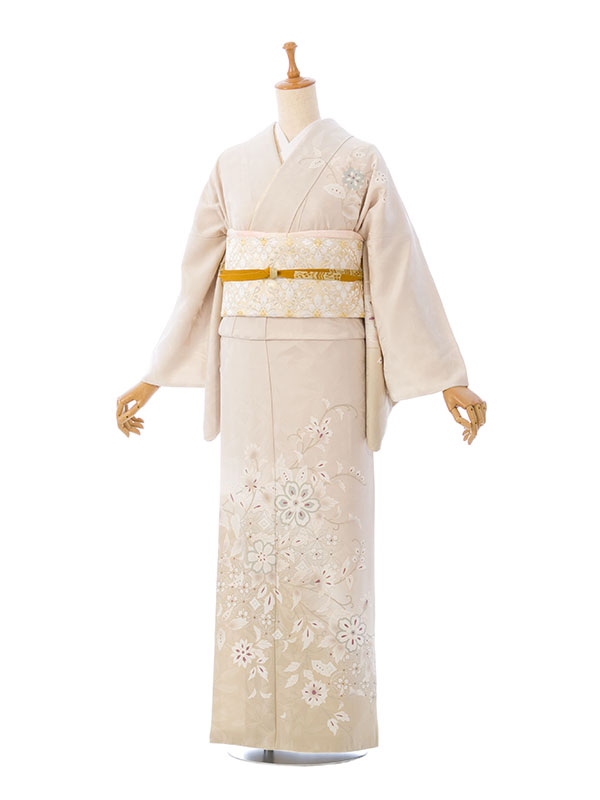 訪問着フルセット　しつけ付き　袷　身丈148cm 訪問着 付下げ 袷 正絹 ゴールド ベージュ トールサイズ ロング