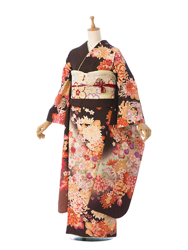 振袖|茶系|四季花 |対応身長:155-165cm|ｻｲｽﾞ:7号-13号|6S075