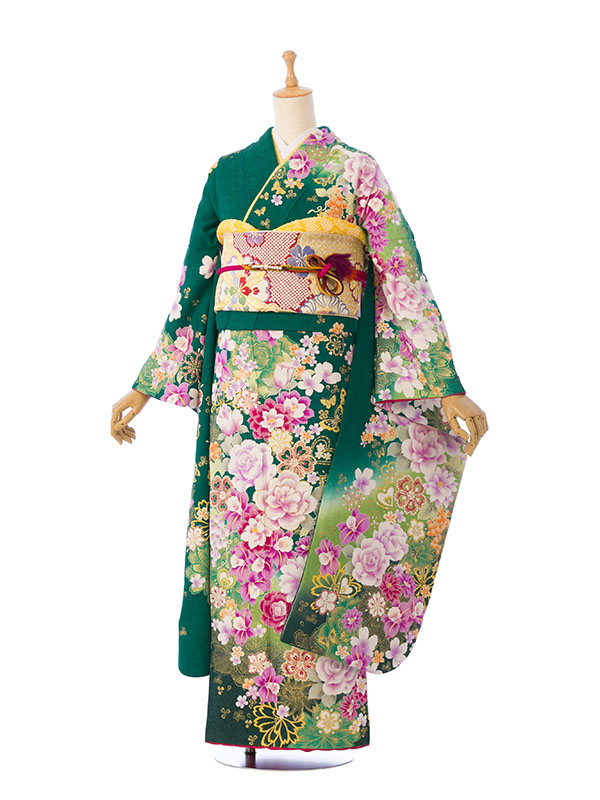 グリーン 和の花々柄 振袖 身丈160 お誂え仕立付振袖 成人式振袖購入 ms212-1 グリーン・緑色/古典