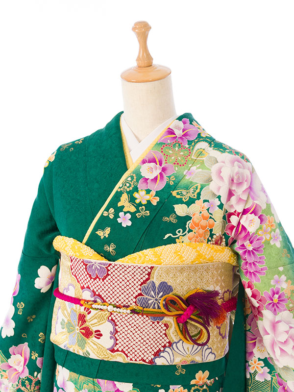 【3/19】振袖☆洋画風薔薇柄（緑色） 振袖|緑系|薔薇 洋花|対応身長:153-163cm|ｻｲｽﾞ:7号-13号 |7S686