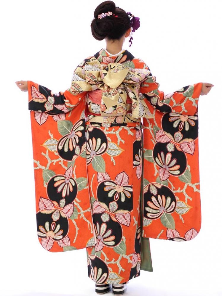 振袖 身長153-168cm オレンジ　正絹 振袖 身長153-168cm 濃オレンジ正絹