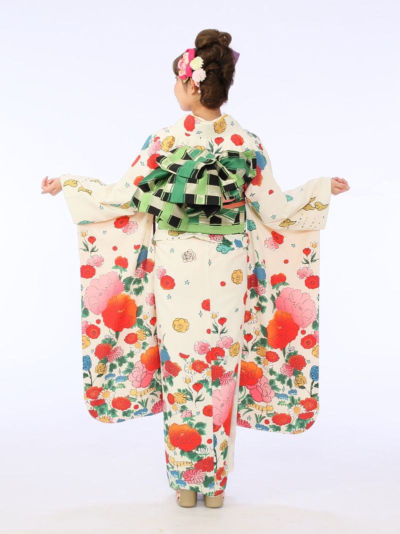 振袖|白系| 牡丹 |0S0111|対応身長:153-163cm|ｻｲｽﾞ:7号-13号