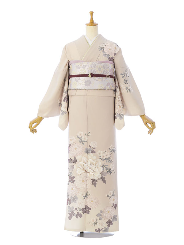 訪問着|ベージュ|牡丹|刺繍|#HAD2879|対応身長:153~165cm|ｻｲｽﾞ:7~13号